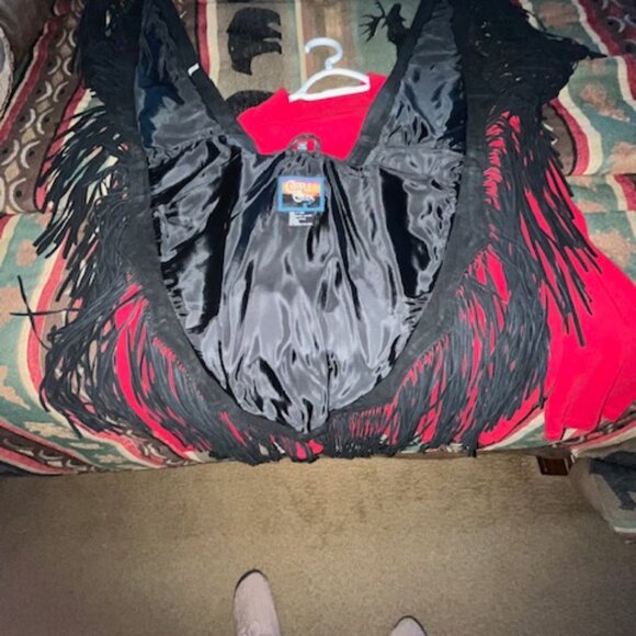 Western Black Leather Shawl with Fringe, Silver Studding and Clear Rhinestones - Picture 15 of 15